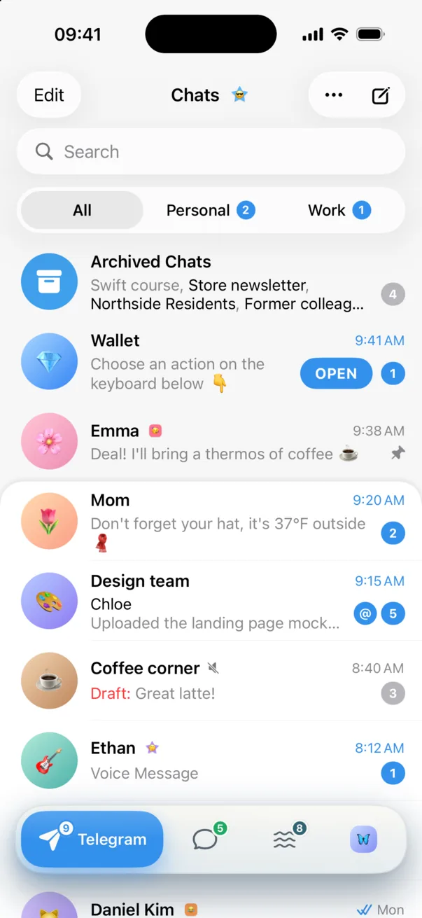 Telegram chat list in Omut