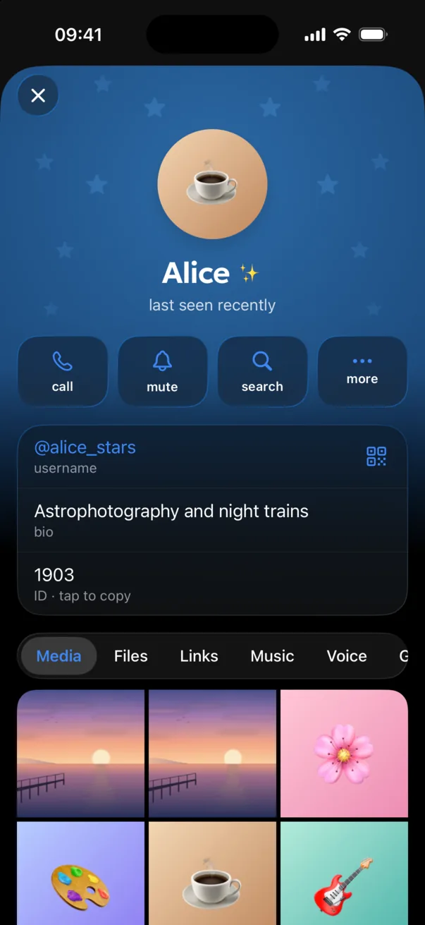 A Telegram profile in Omut, dark theme