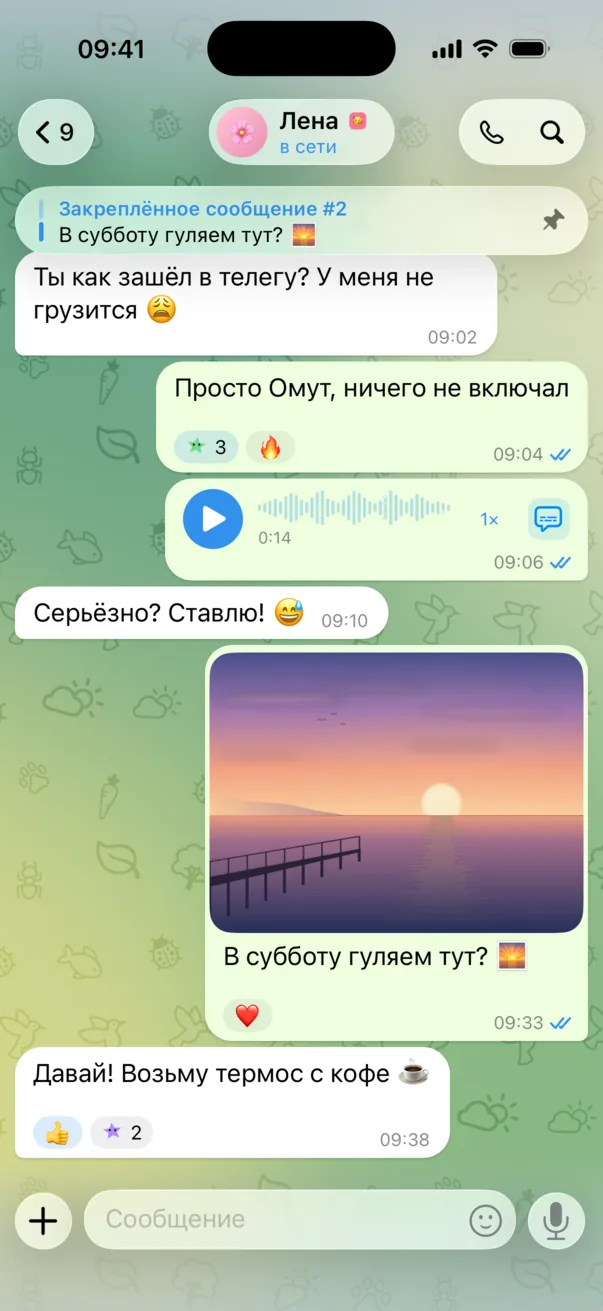 Омут: переписка в Telegram с обоями, реакциями, голосовым и фото