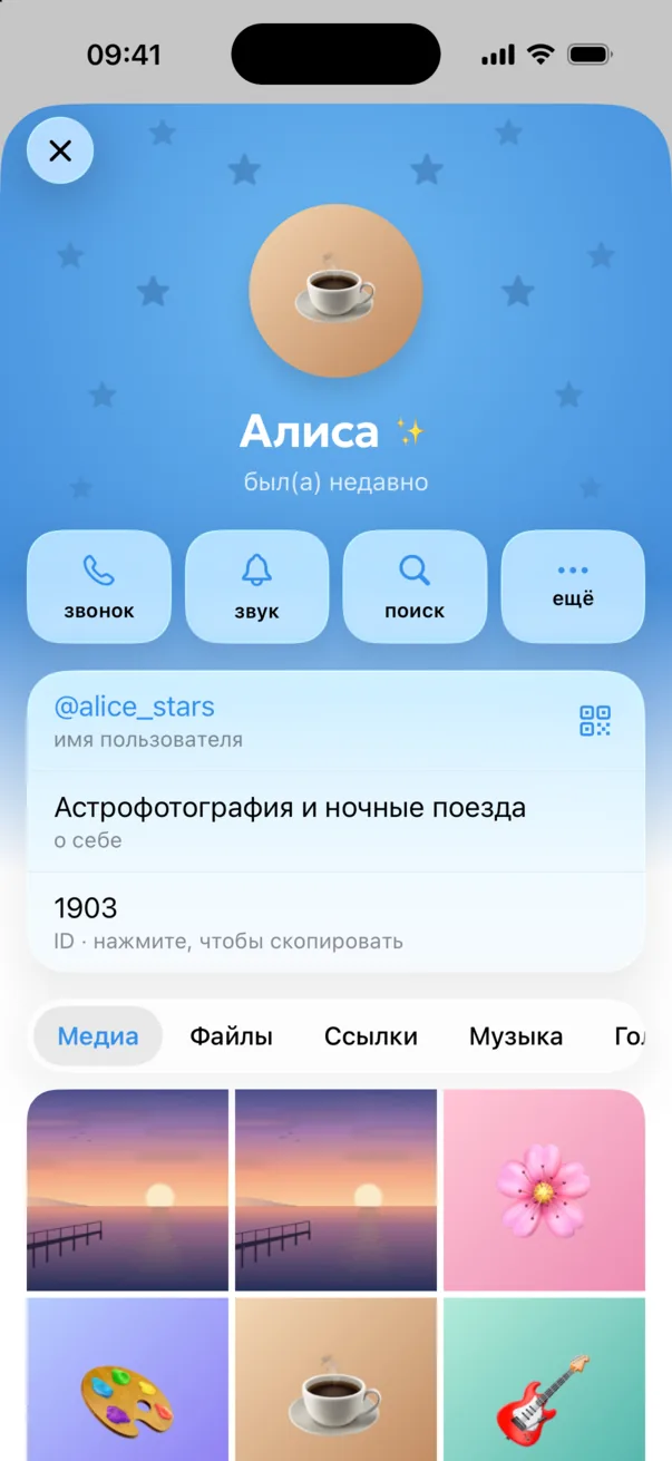 Омут: профиль собеседника с цветом, узором из звёзд и статусом